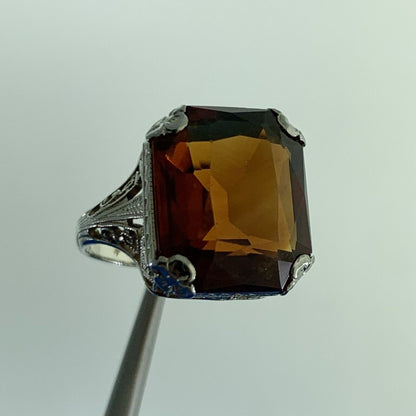 Vintage 18K White Gold Radiant Orange Tourmaline Open Filigree Cocktail Ring