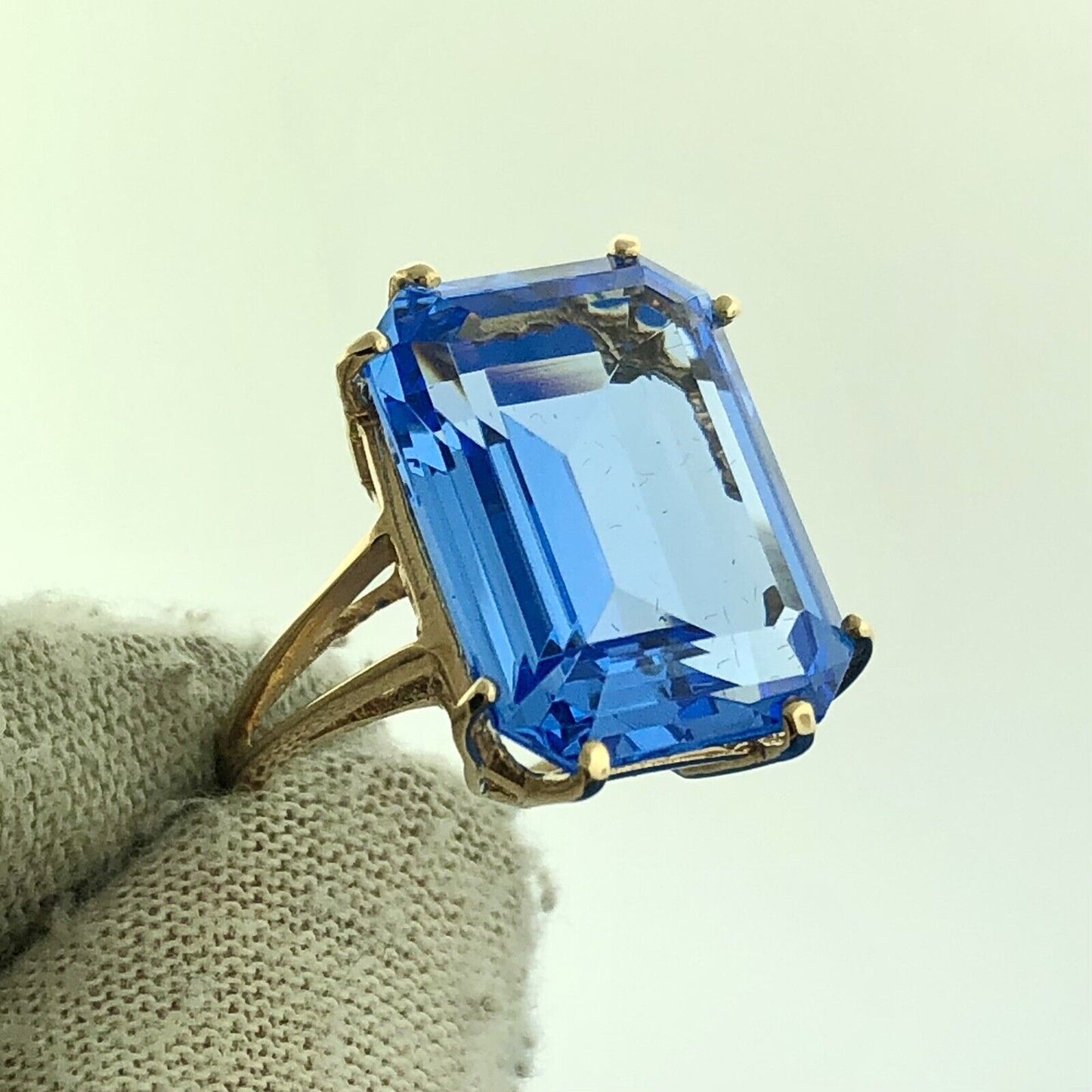 Fabulous 14K Yellow Gold Emerald Cut Lab Blue Spinel Solitaire Statement Ring