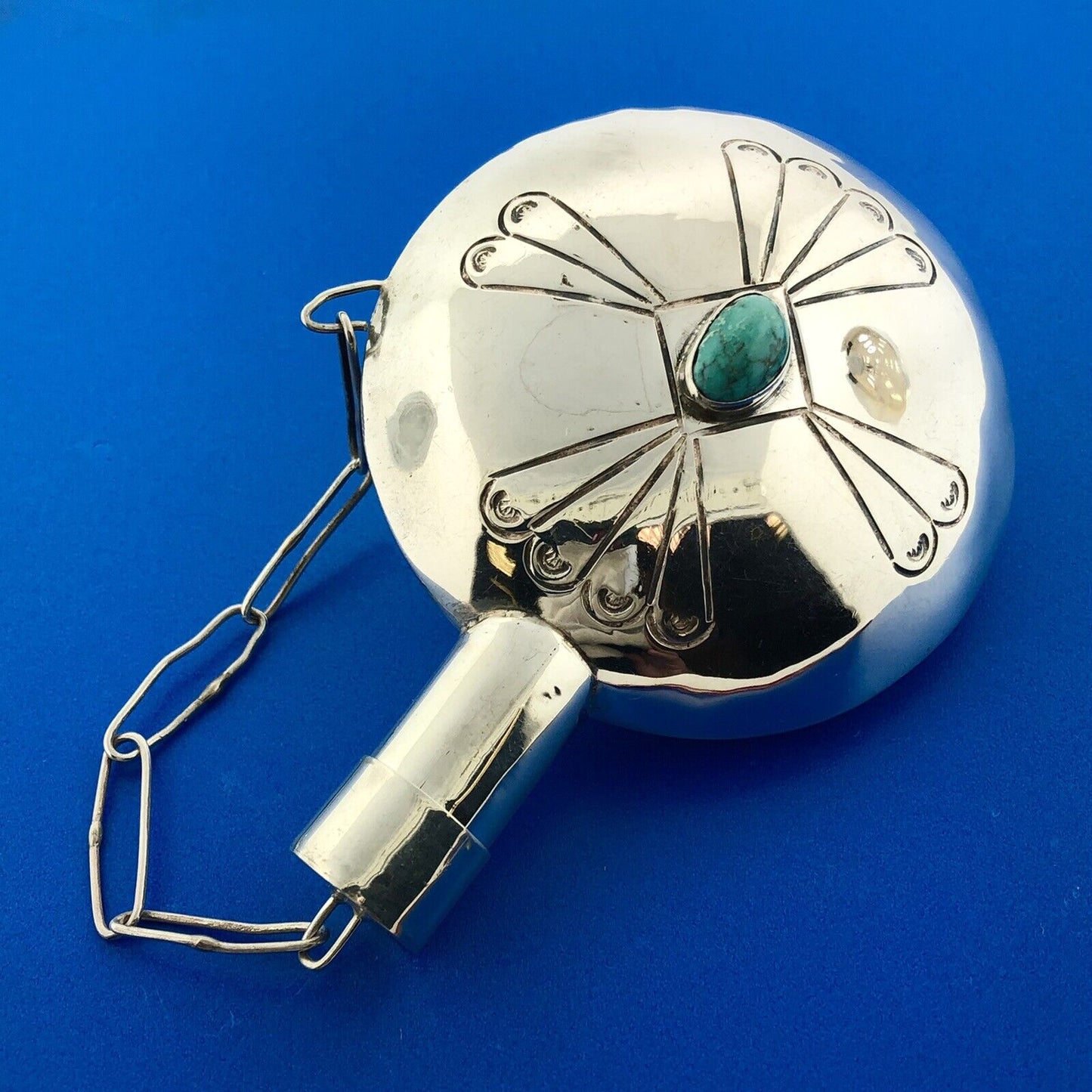 Native American 925 Sterling Silver Turquoise Hand Stamped Tobacco Flask Canteen