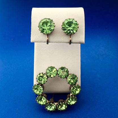 Estate Gold Tone Chartreuse Lime Green Rhinestone Pin Brooch Clip Earrings Set