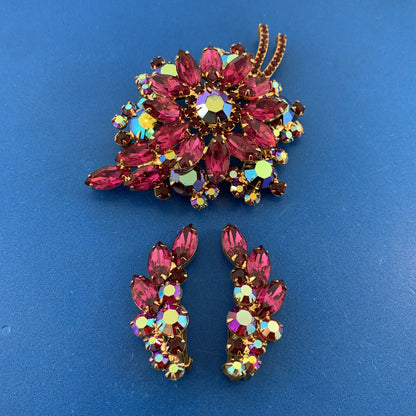 Fabulous Vintage Pink Aurora Borealis Rhinestone Statement Brooch/Earrings Set