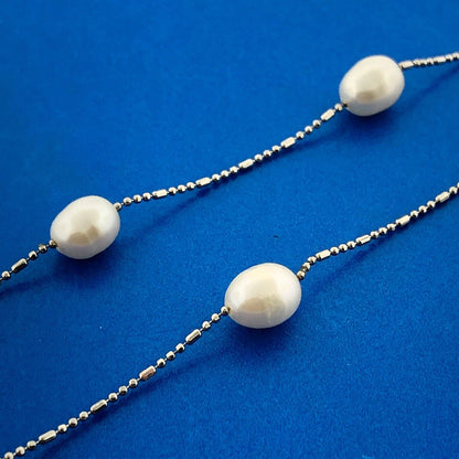Lovely White Gold-Filled Baroque Oval Pearl Station Bracelet & Necklace Set