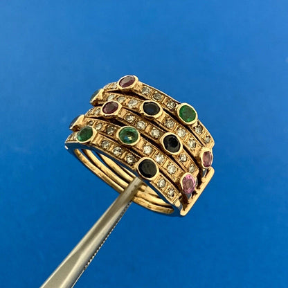 Retro 14K Yellow Gold Diamond Sapphire Ruby Emerald Anniversary Wide Harem Ring