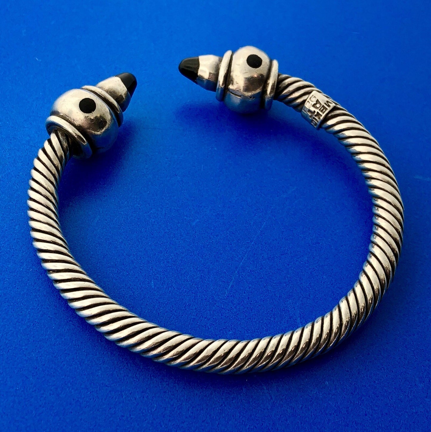Vintage Taxco Mexico AT Sterling Silver Black Onyx Cable Statement Cuff Bracelet