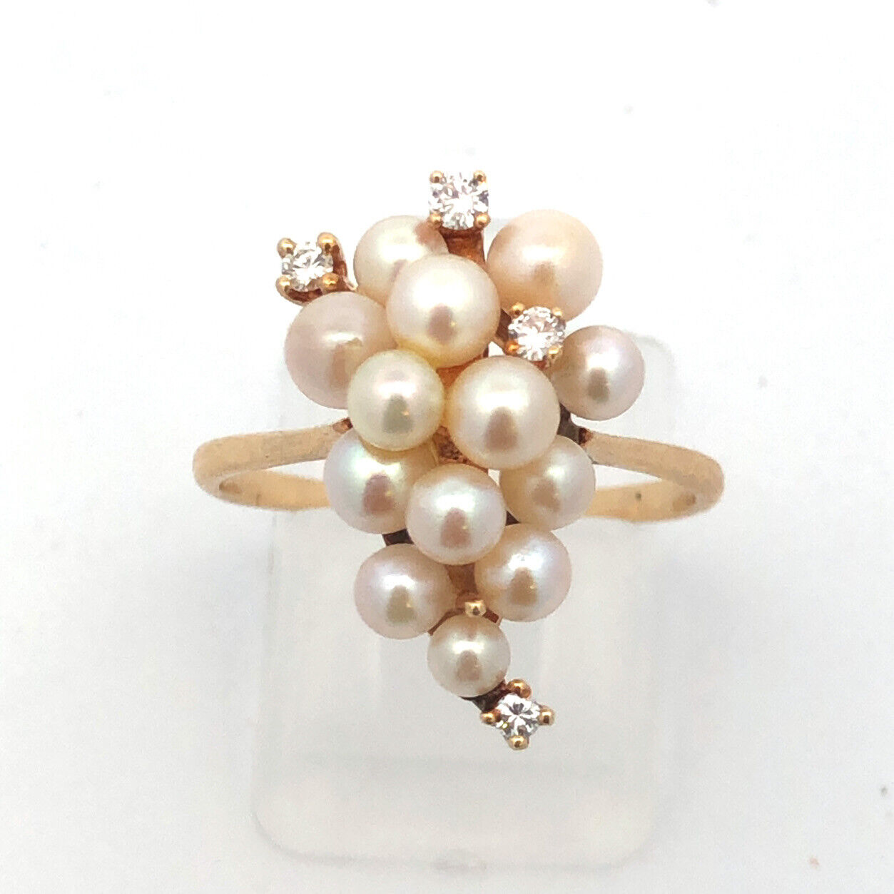 Vintage 14K Yellow Gold Pearl Diamond Cluster Ring