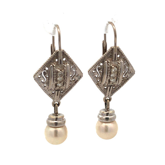 Art Deco 14K White Gold Pearl Diamond Filigree Drop Dangle French Hook Earrings