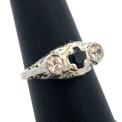 Vintage Platinum Oval Sapphire Round Diamond Trio Filigree Engagement Ring