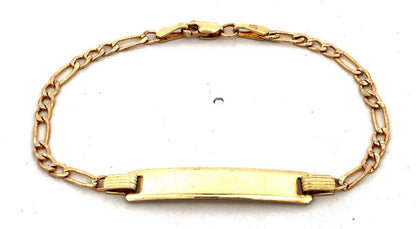 Designer GS 10KT Yellow Gold Engravable Bar Figaro Link Chain ID Bracelet