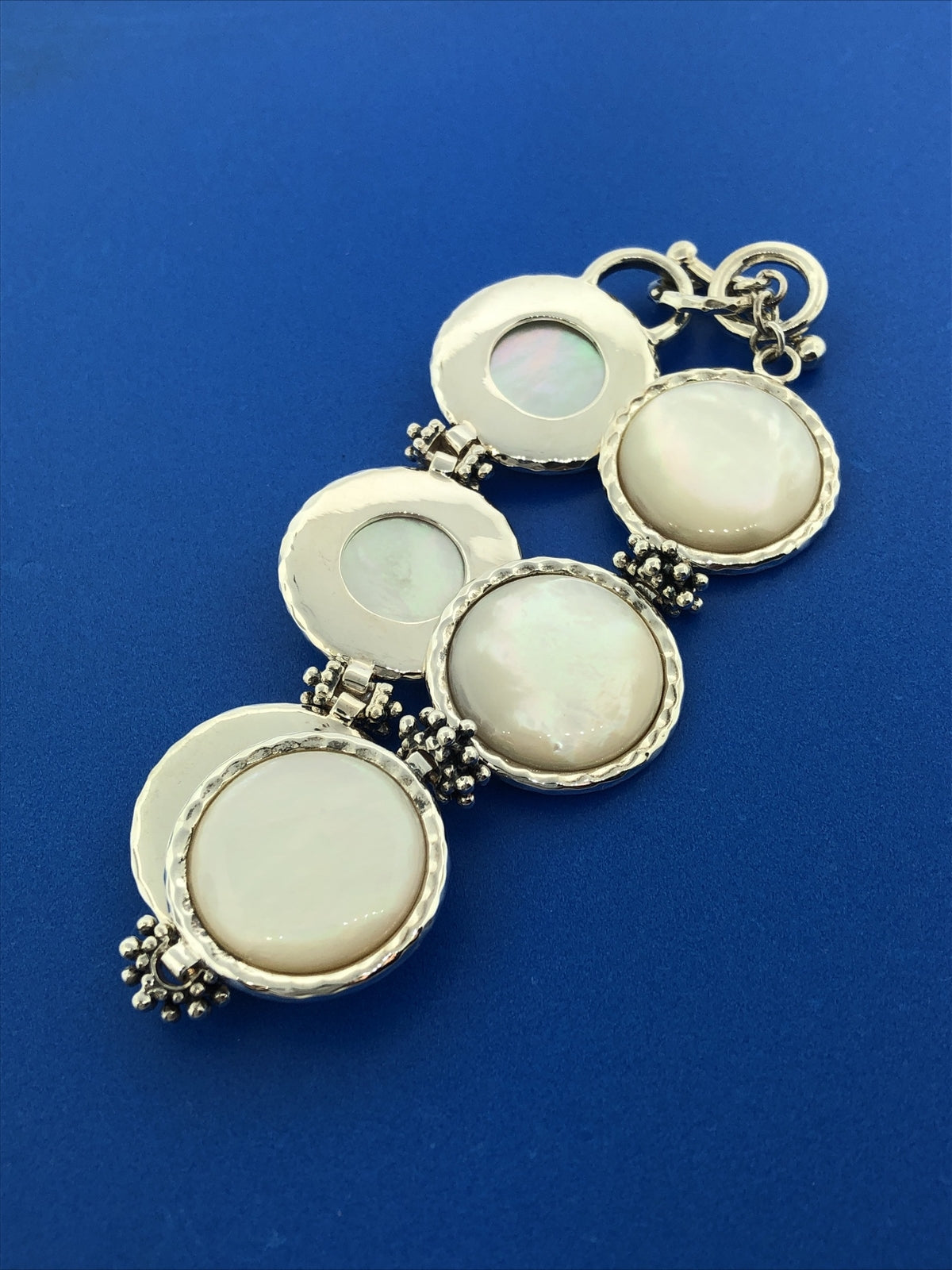 Designer Sterling Silver Mother Of Pearl Disc Panel Statement Toggle Bracelet
