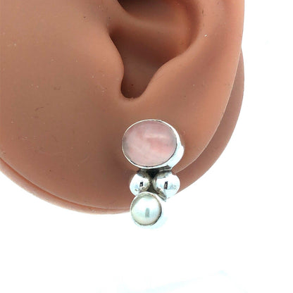 Vintage 925 Sterling Silver Oval Rose Quartz Pearl Drop Stud Earrings