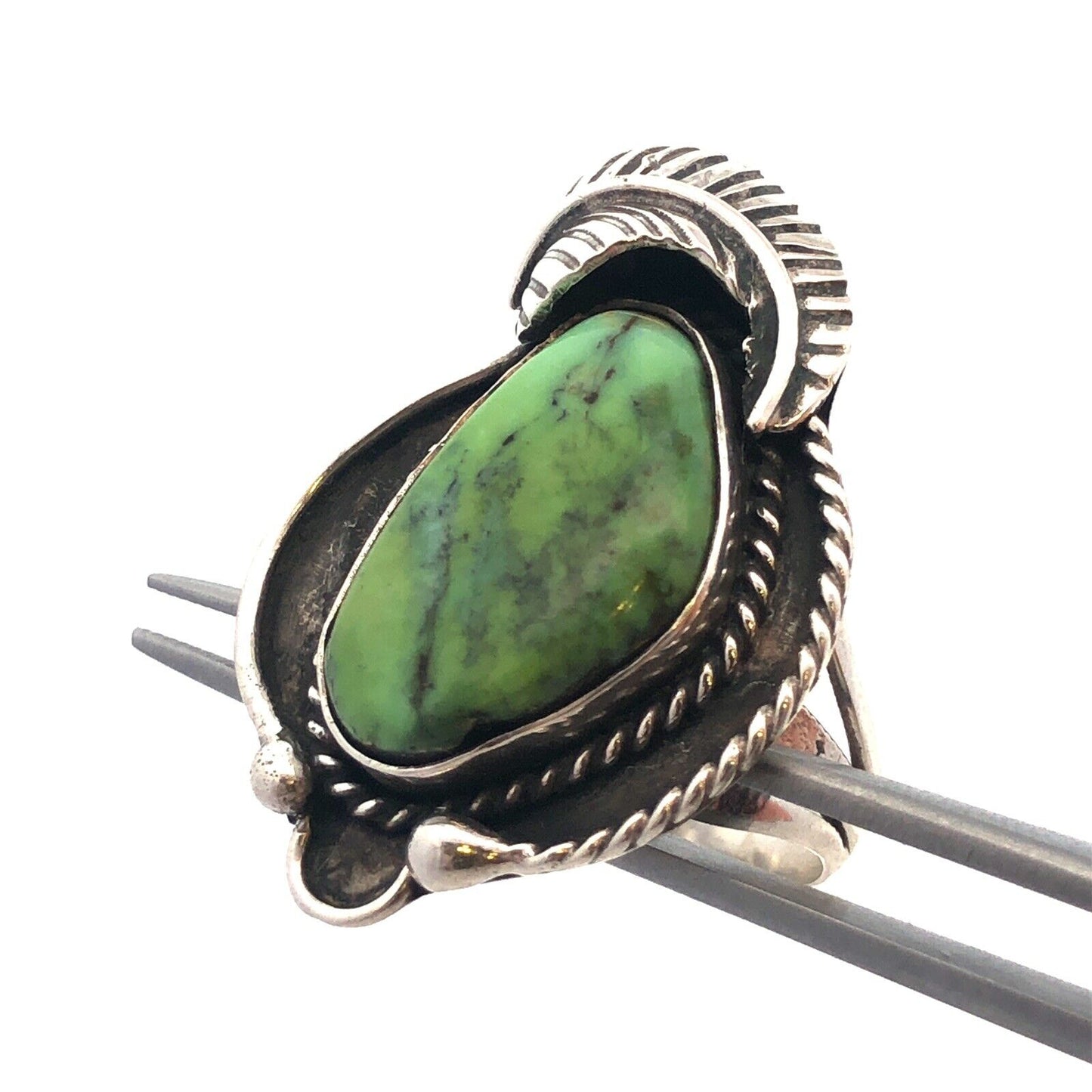 Native American 3 H Shop 925 Sterling Silver Green Turquoise Squash Blossom Ring