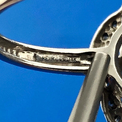 Gorgeous Mexican 14k White Gold White Champagne Diamond Open Flower Ring Size 8