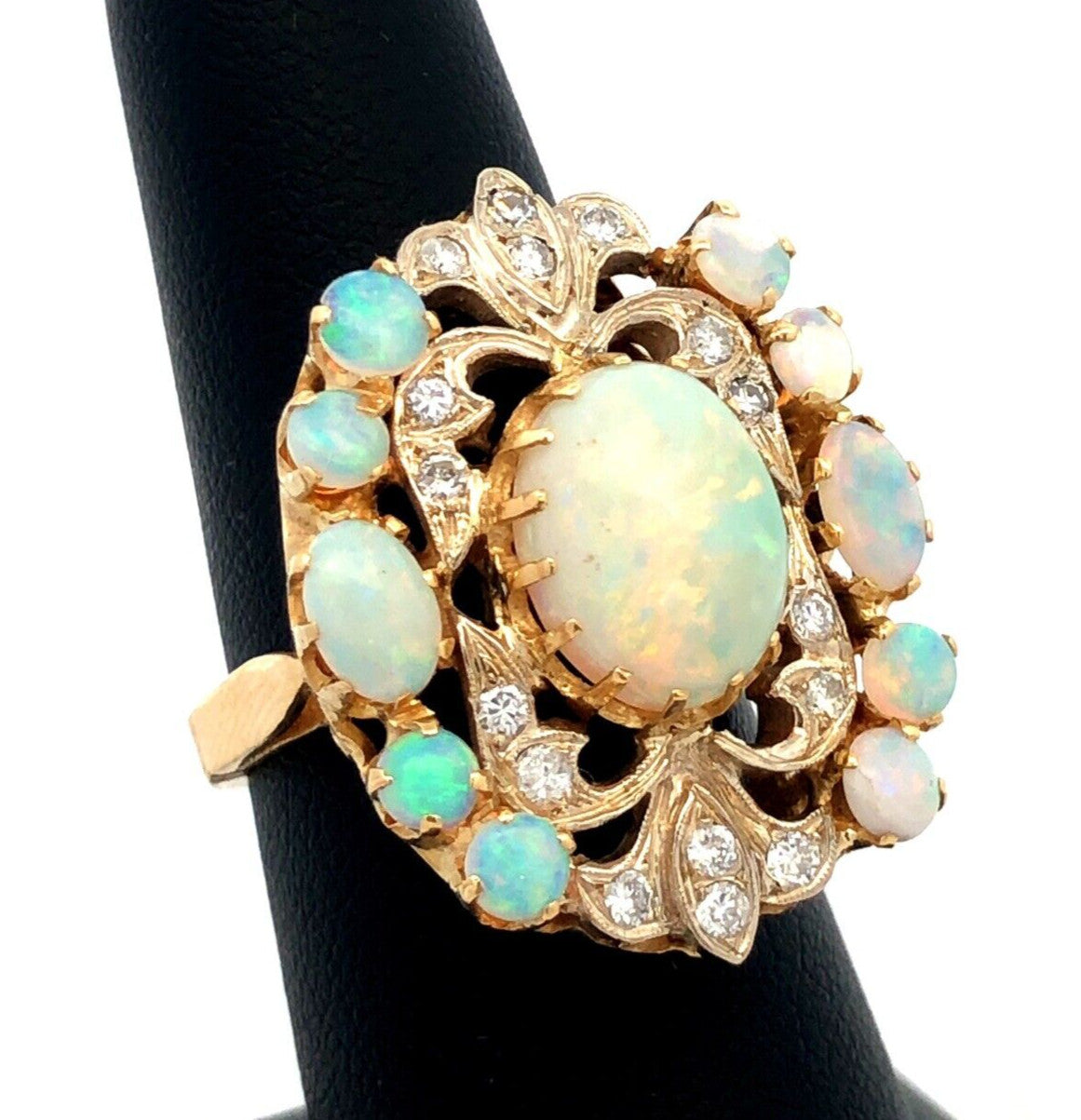 Designer 18K Yellow Gold Oval White Opal Diamond Art Deco Statement Ring