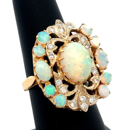 Designer 18K Yellow Gold Oval White Opal Diamond Art Deco Statement Ring
