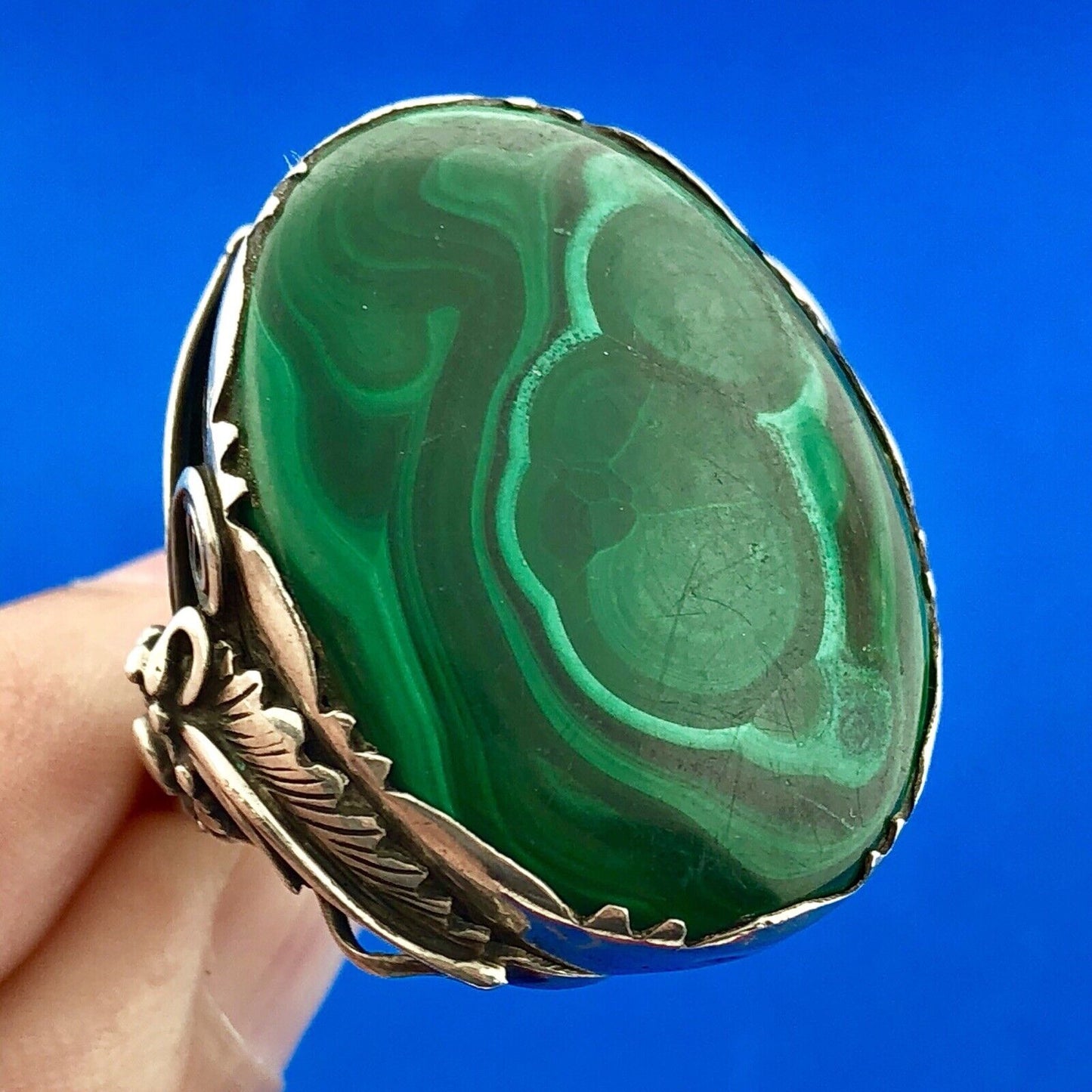 Vintage Native American Artisan 925 Sterling Silver Malachite Statement Ring