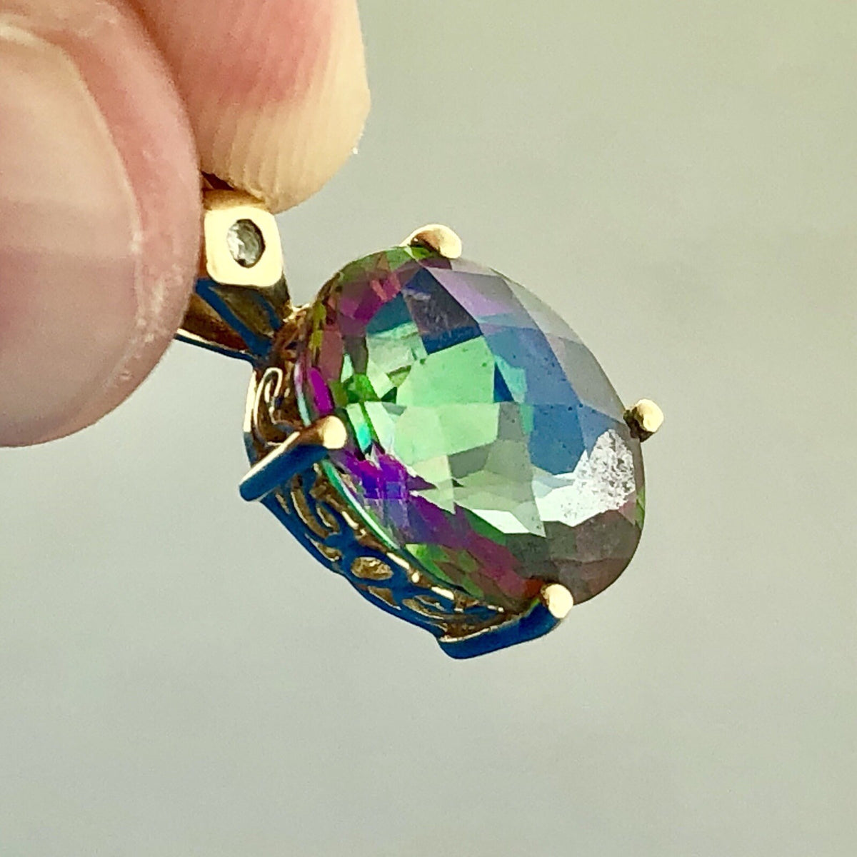 Designer 14k Yellow Gold Mystic Topaz Diamond Accent Pendant