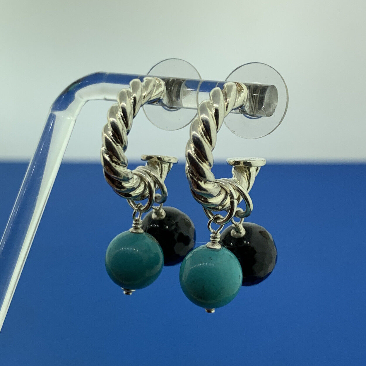 Silpada Sterling Silver 925 Turquoise Black Onyx Ribbed Cable Half Hoop Earrings