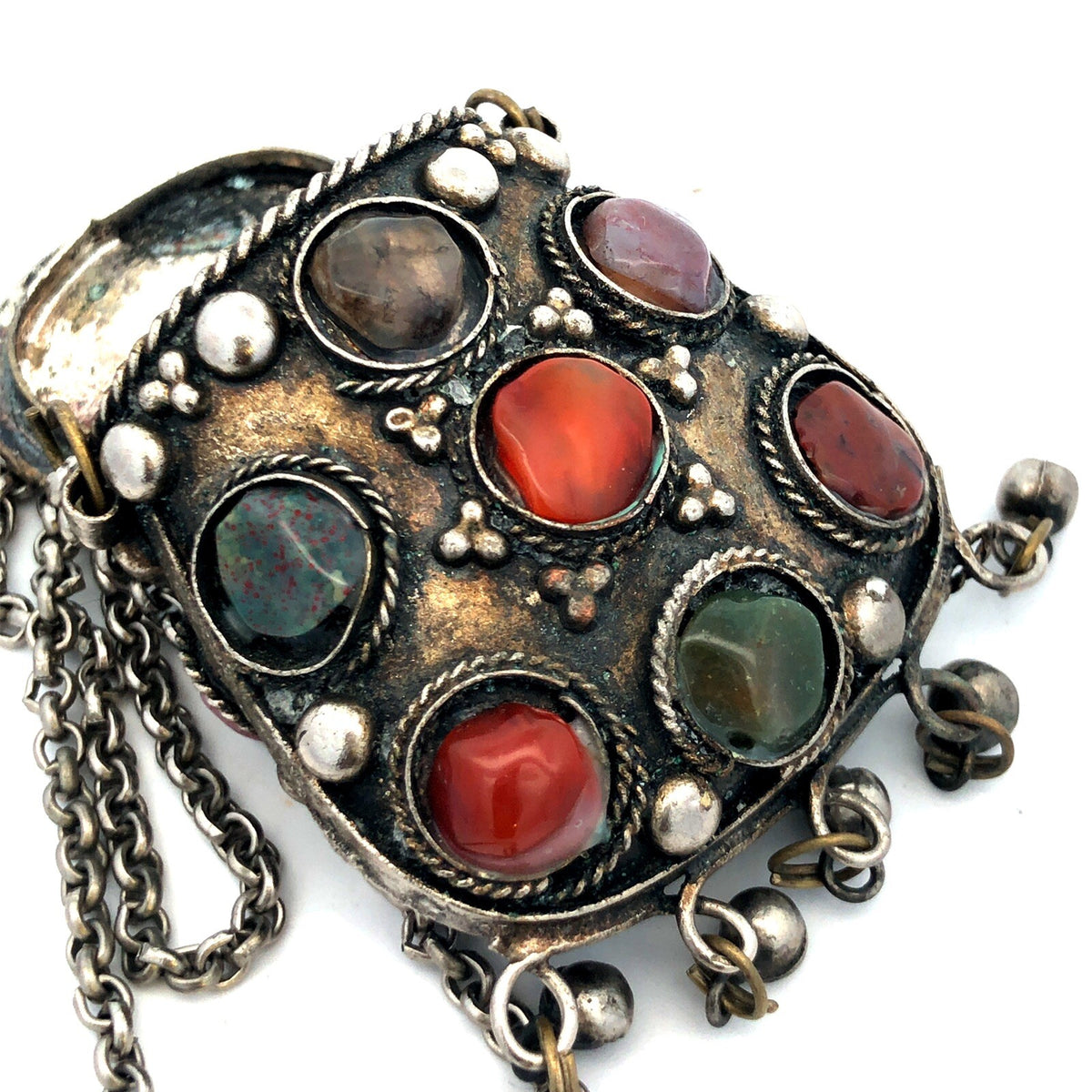 Vintage Sajai Metal Mixed Gemstone Silver Tone Prayer Box Coin Purse Necklace