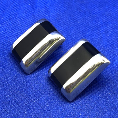 Designer ATI 925 Sterling Silver Black Onyx Rectangle Statement Stud Earrings