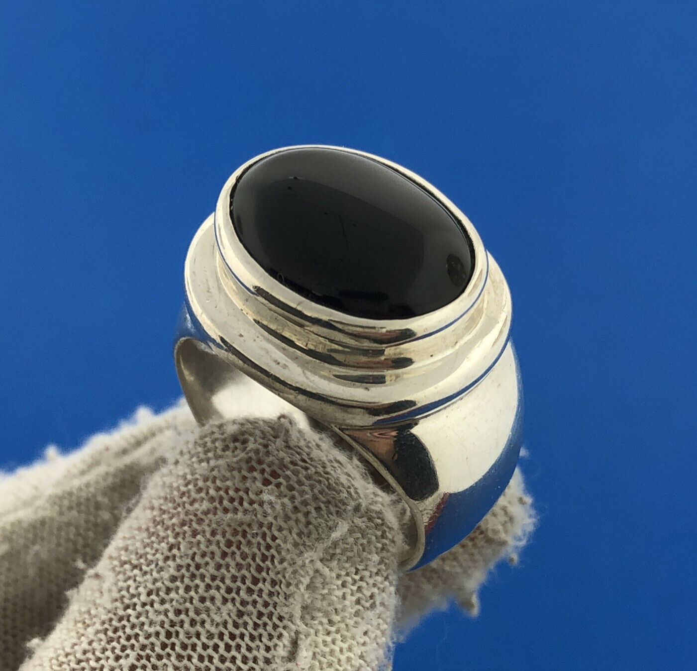 ESPO 925 Sterling Silver Oval Black Onyx Cabochon Statement Unisex Dome Ring