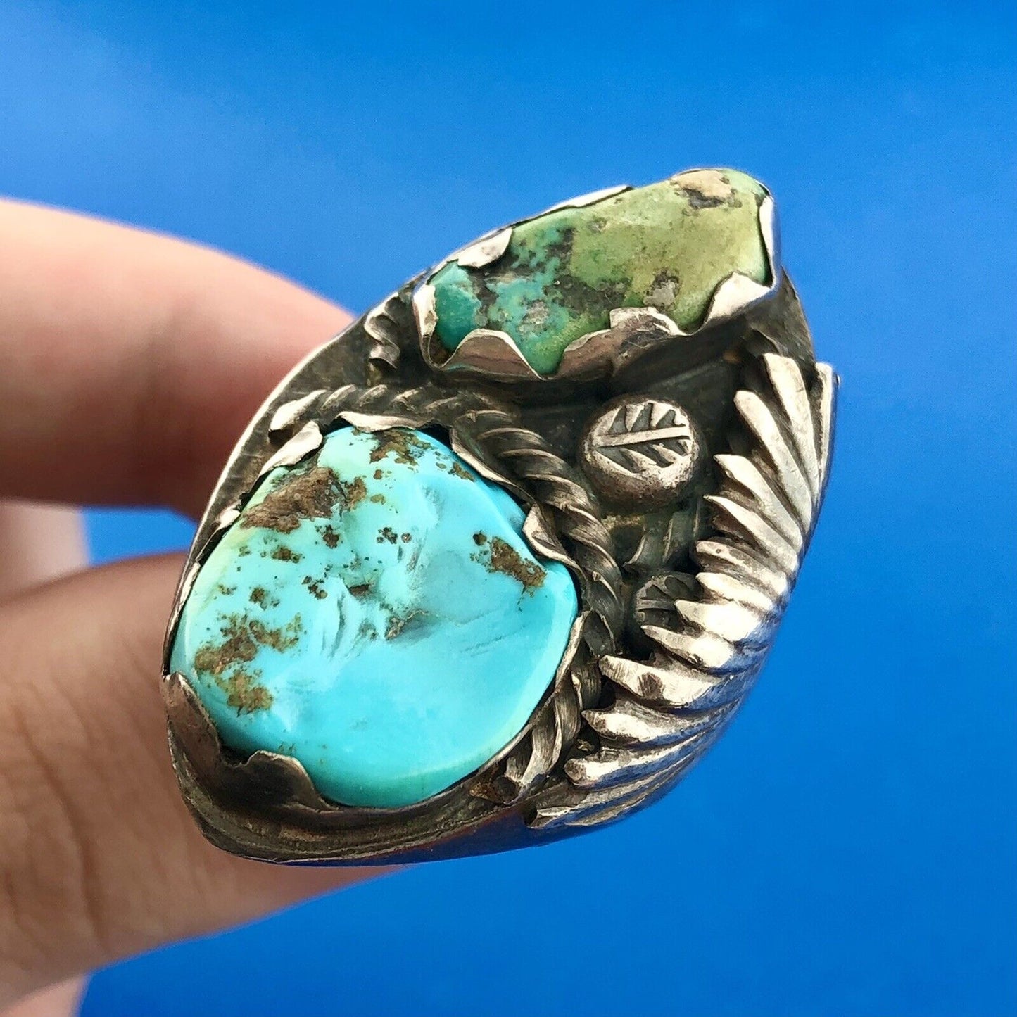 Navajo P Padilla Signed 925 Sterling Silver Chunky Green Blue Turquoise Ring