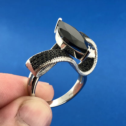 Designer DK 925 Sterling Silver Black Spinel Modernist Bow Statement Ring