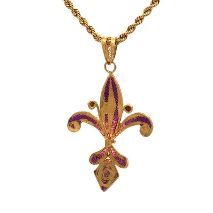 Milor 925 Sterling Silver Vermeil Purple Enamel Fleur De Lis Adjustable Necklace