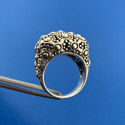 Sterling Silver 925 Beaded Filigree Gothic Design Statement Dome Cocktail Ring