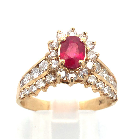 14K Yellow Gold Oval Ruby Diamond Engagement July Bday Cocktail Statement Ring