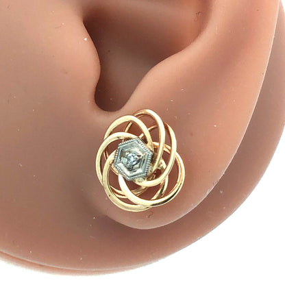 Designer 14K Yellow Gold Diamond Spiral Modernist Floral Statement Stud Earrings