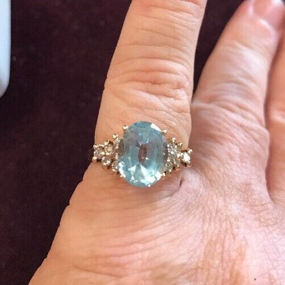 Vintage 10K Yellow Gold Blue Topaz Waterfall Diamond Engagement Anniversary Ring