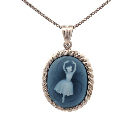 Designer 925 Sterling Silver Oval Blue Cameo Ballerina Dancer Pendant Necklace