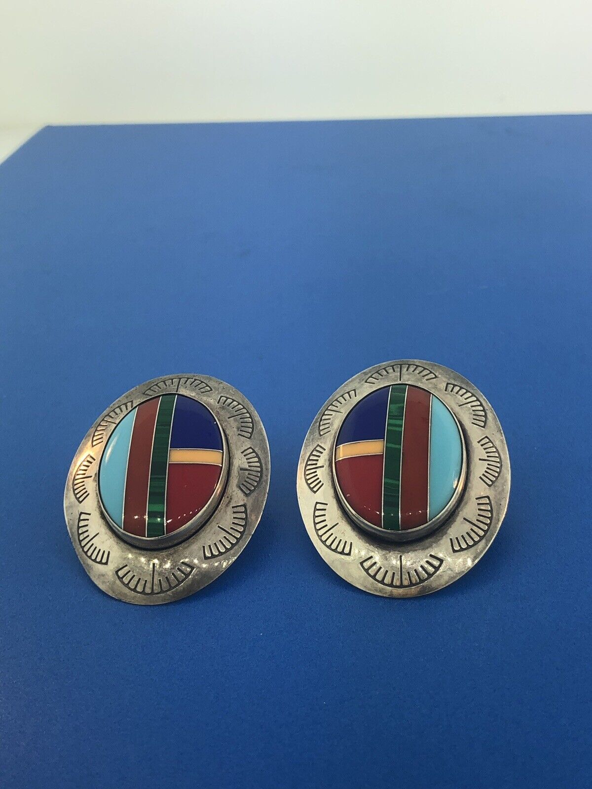 Native American Artisan Sterling Silver Turquoise MultiGem Inlay Concho Earrings