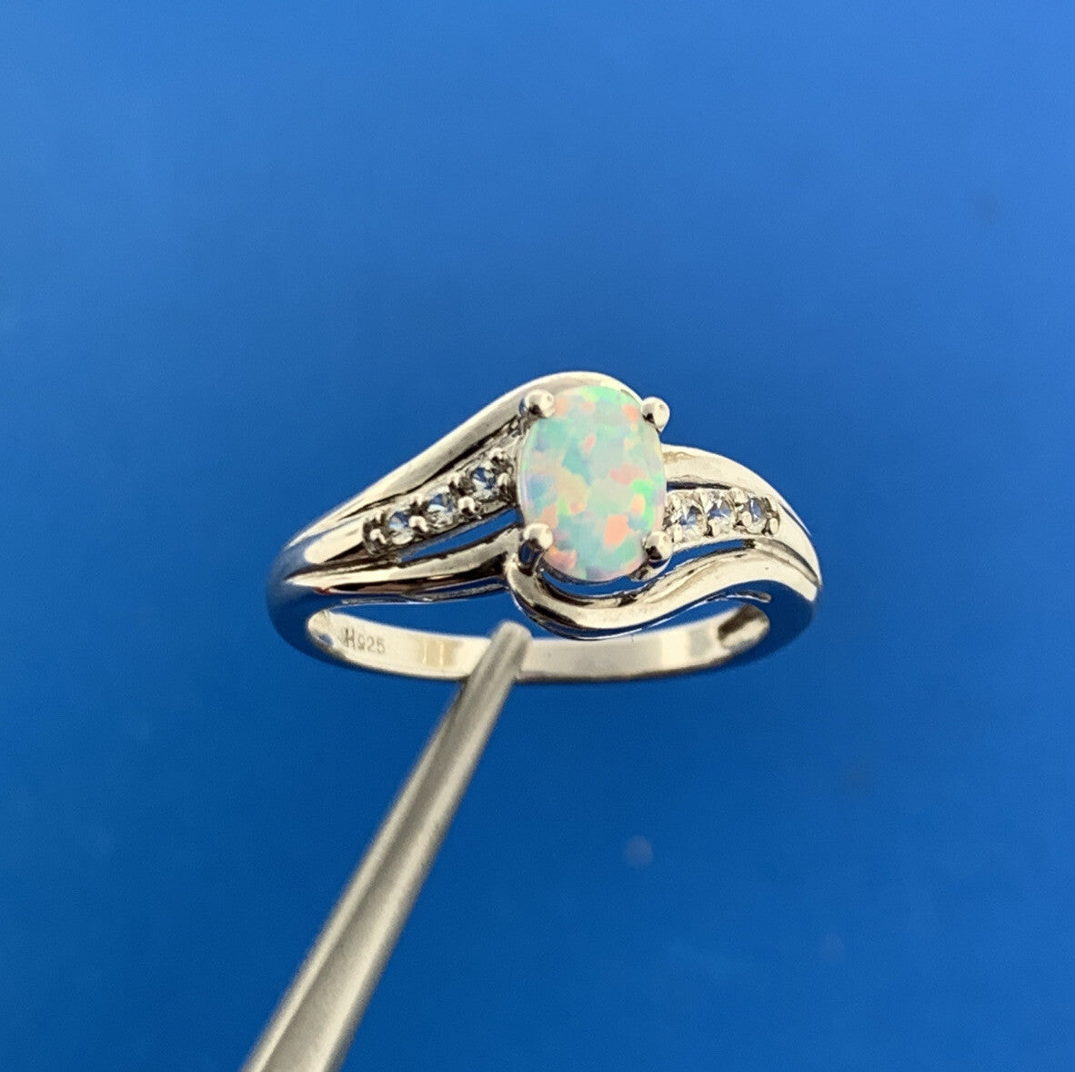 Designer Sterling Silver Oval Opal Cabochon White Topaz Accented Cocktail Ring