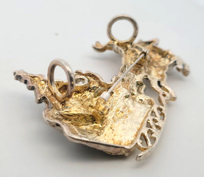 Vintage Silver Gold Tone Santa & Sled Brooch/Pendant Clip Earrings 3 Pc Set