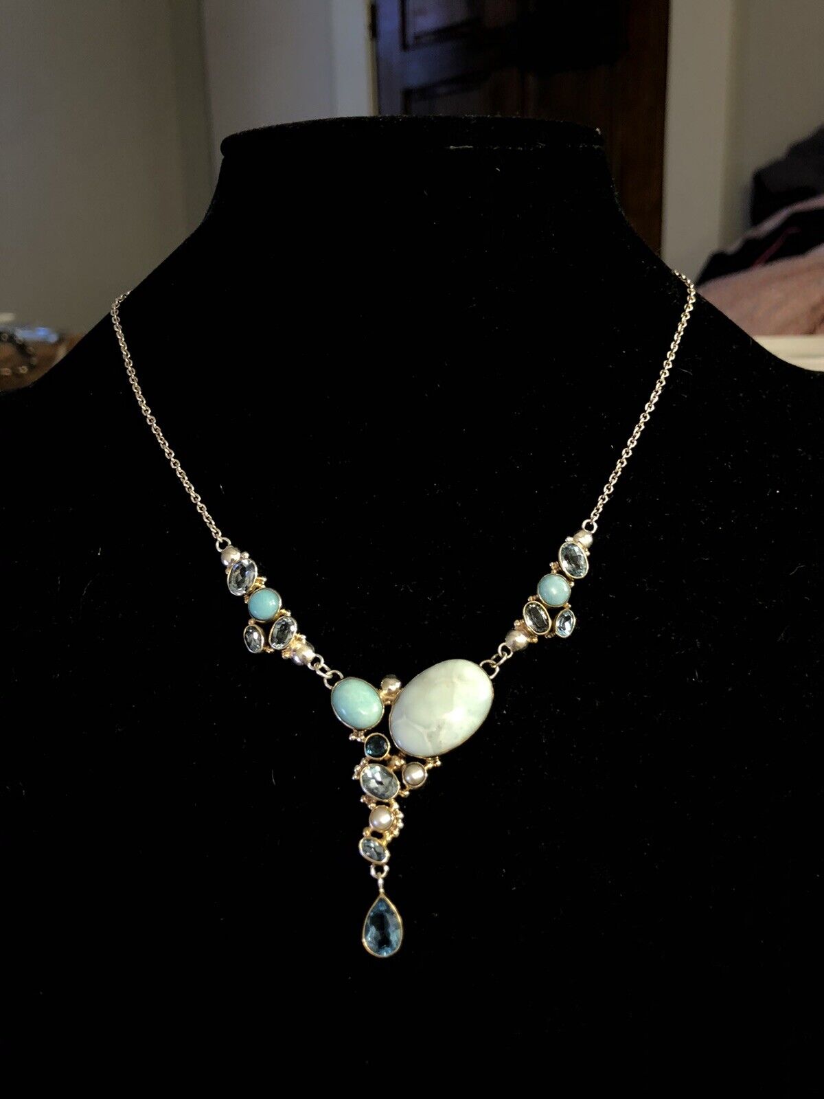 Designer Doug Paulus 925 Sterling Silver Blue Larimar Aquamarine Pearl  Necklace