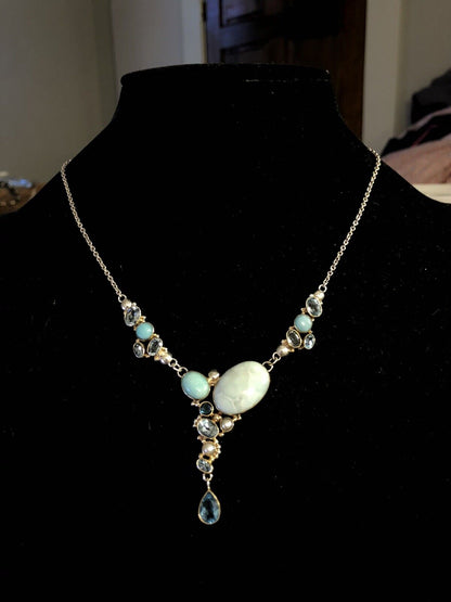 Designer Doug Paulus 925 Sterling Silver Blue Larimar Aquamarine Pearl  Necklace