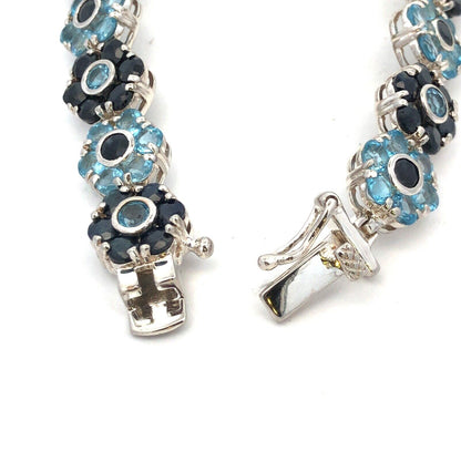 Designer 925 Sterling Silver Round Blue Topaz Sapphire Floral Tennis Bracelet