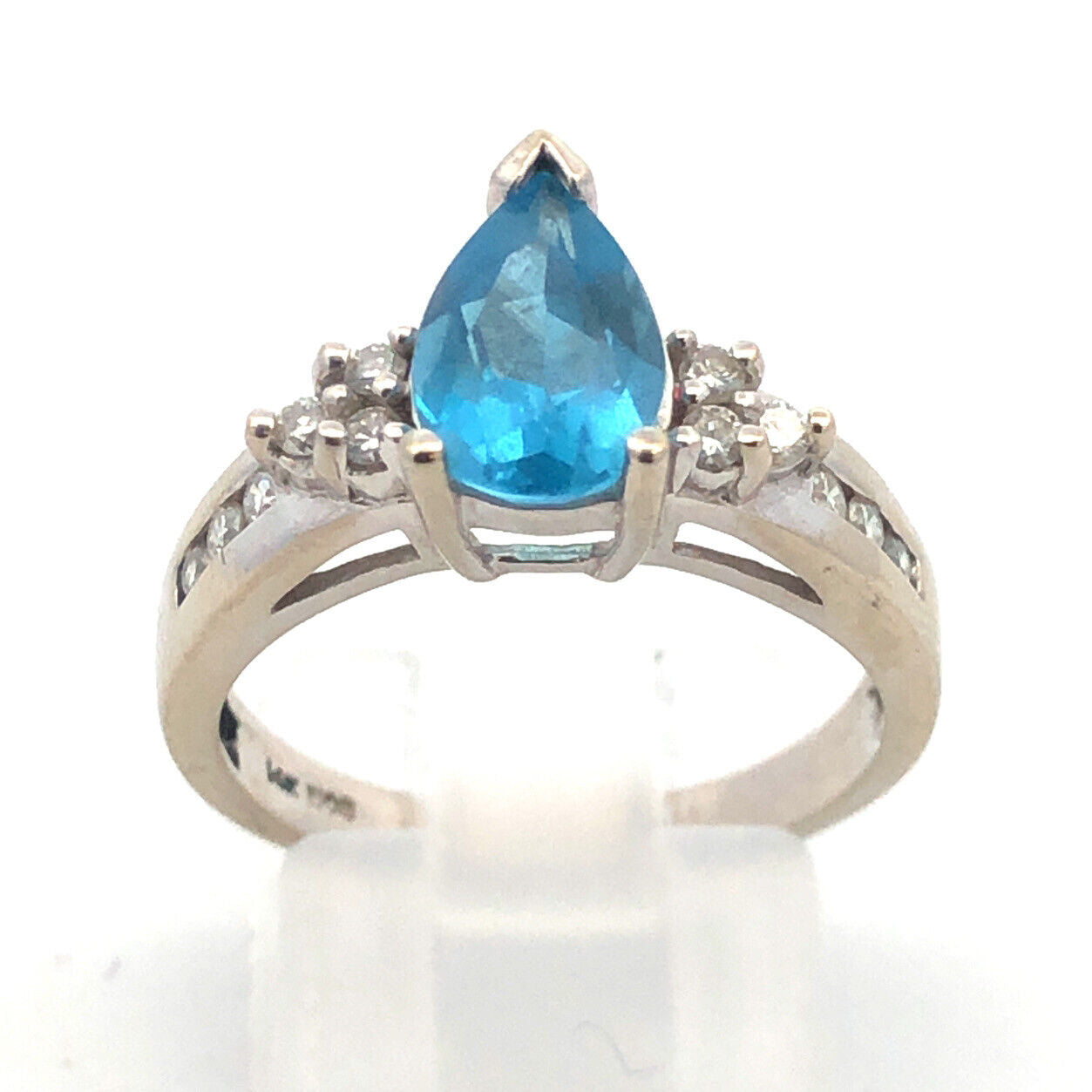 Designer 14K White Gold Pear Blue Topaz Round Diamond Engagement Size 7 Ring