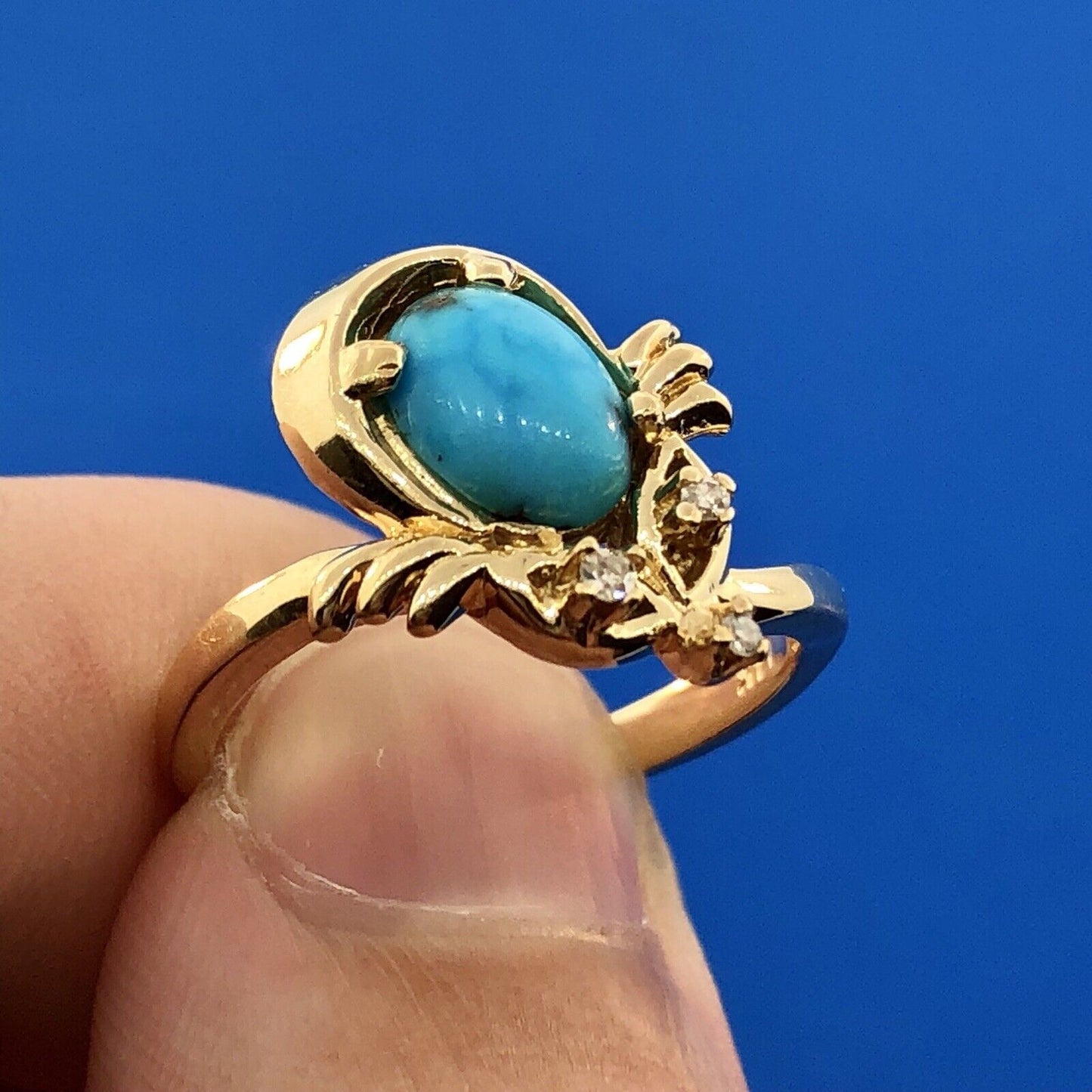 Vintage 14K Yellow Gold Diamond Turquoise Free Form Cocktail Ring
