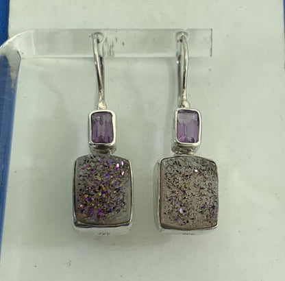 Designer 925 Sterling Silver Purple Drusy Quartz Amethyst Dangle Hook Earrings