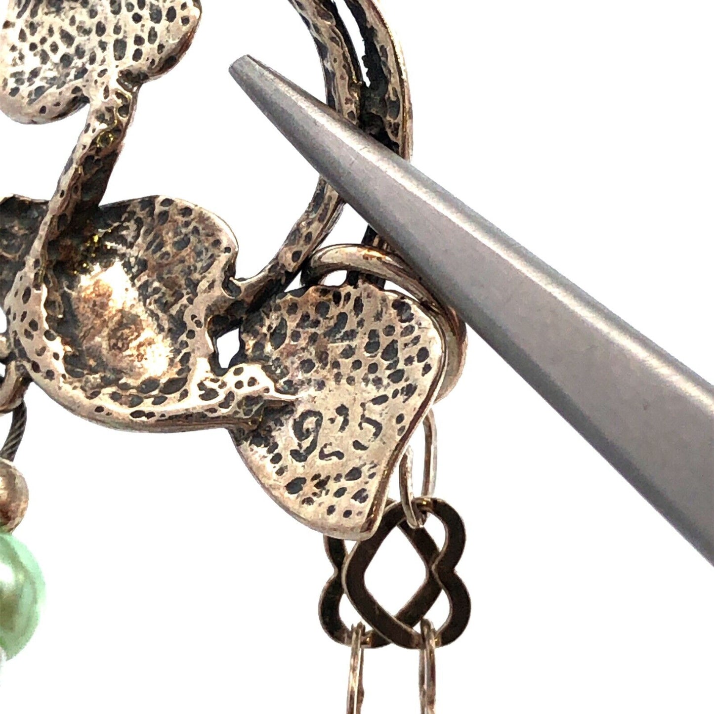 Vintage 925 Sterling Silver Green Crystal Faux Green Pearl Beaded Necklace