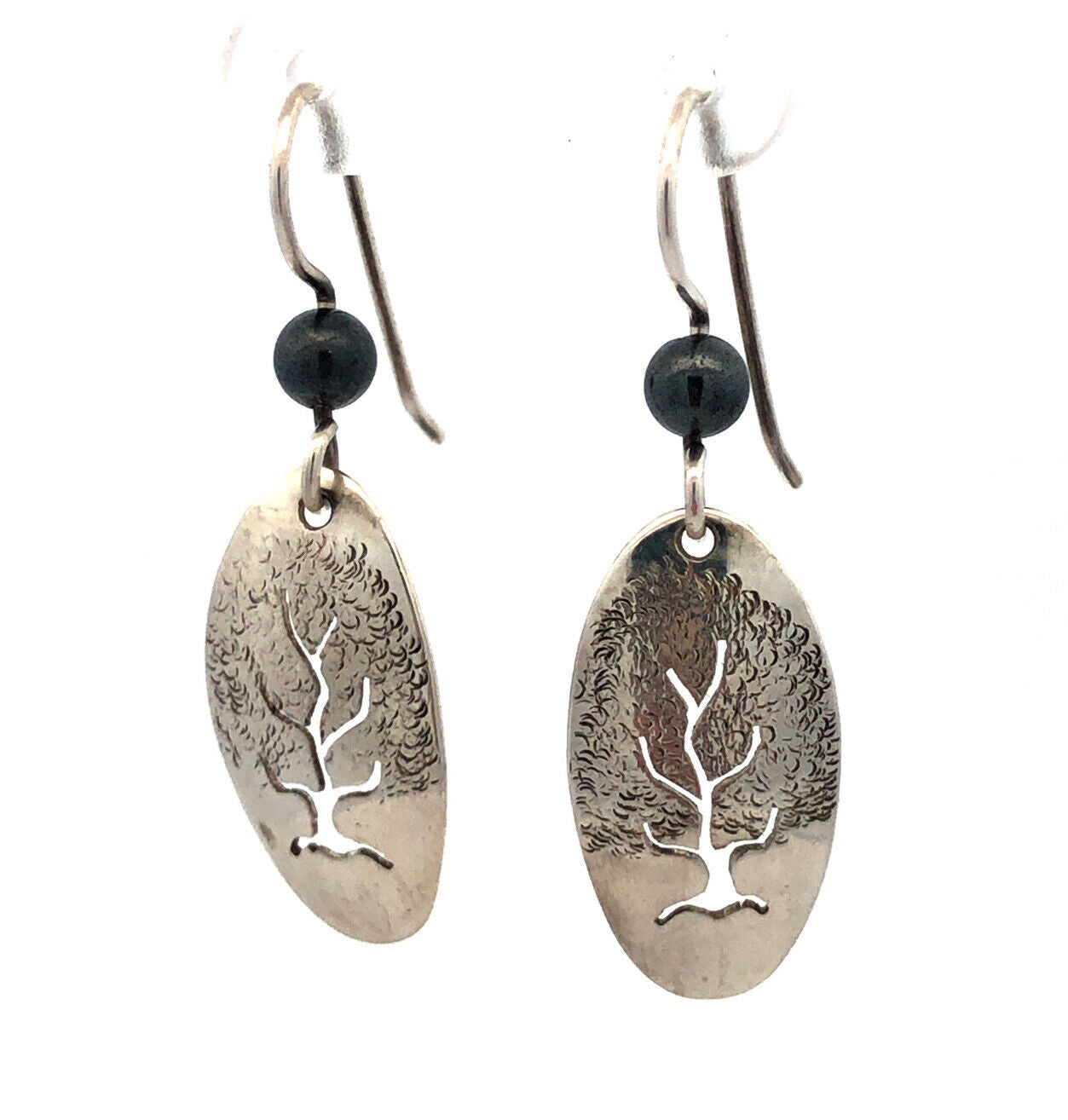 Native American Picto 925 Sterling Silver Hematite Tree Of Life Dangle Earrings