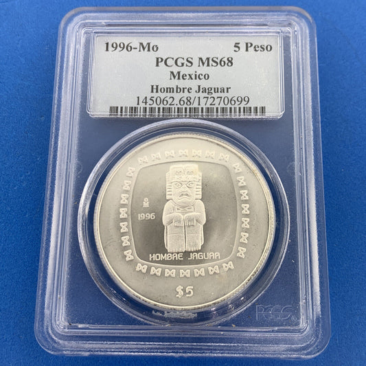 1996 Mo Mexico City 5 Peso 1 oz Silver Hombre Jaguar PCGS MS68 Mexico Coin