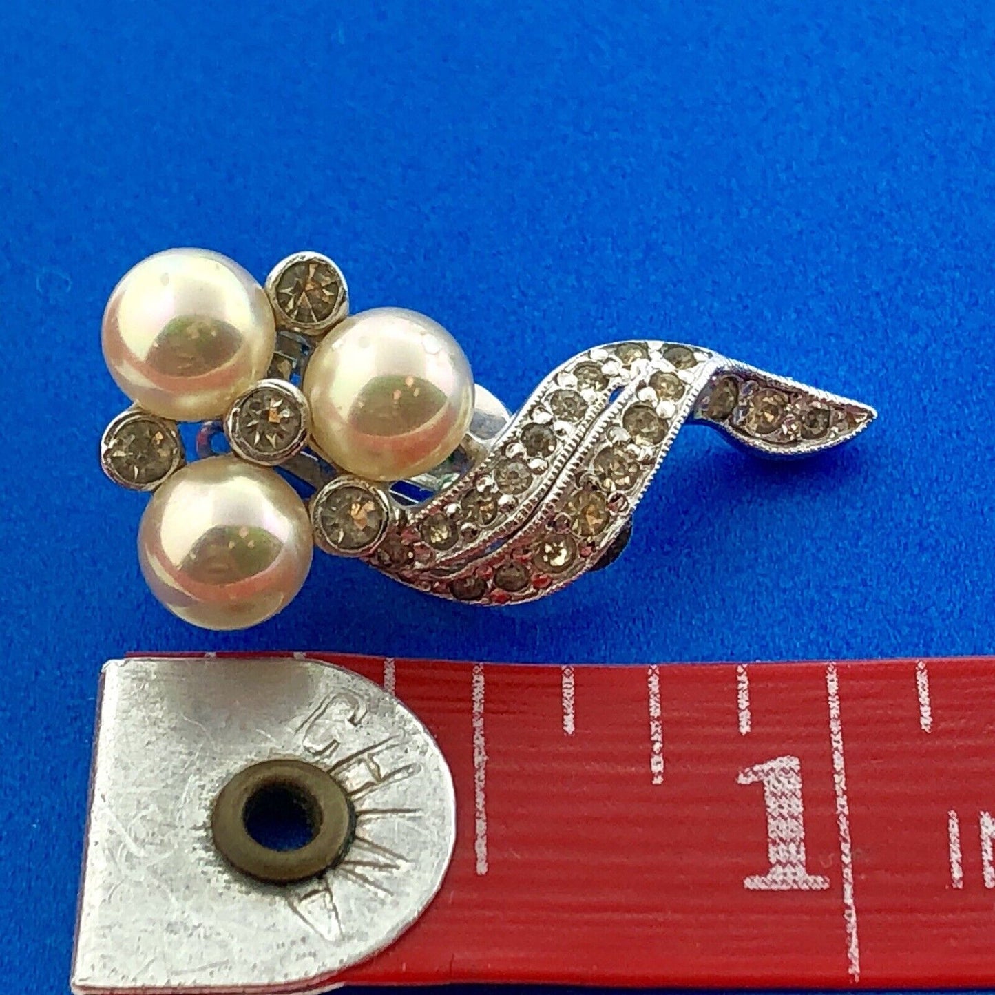 Polcini Signed Silver Tone Rhinestone Faux Pearl Modernist Bouquet Clip Earrings