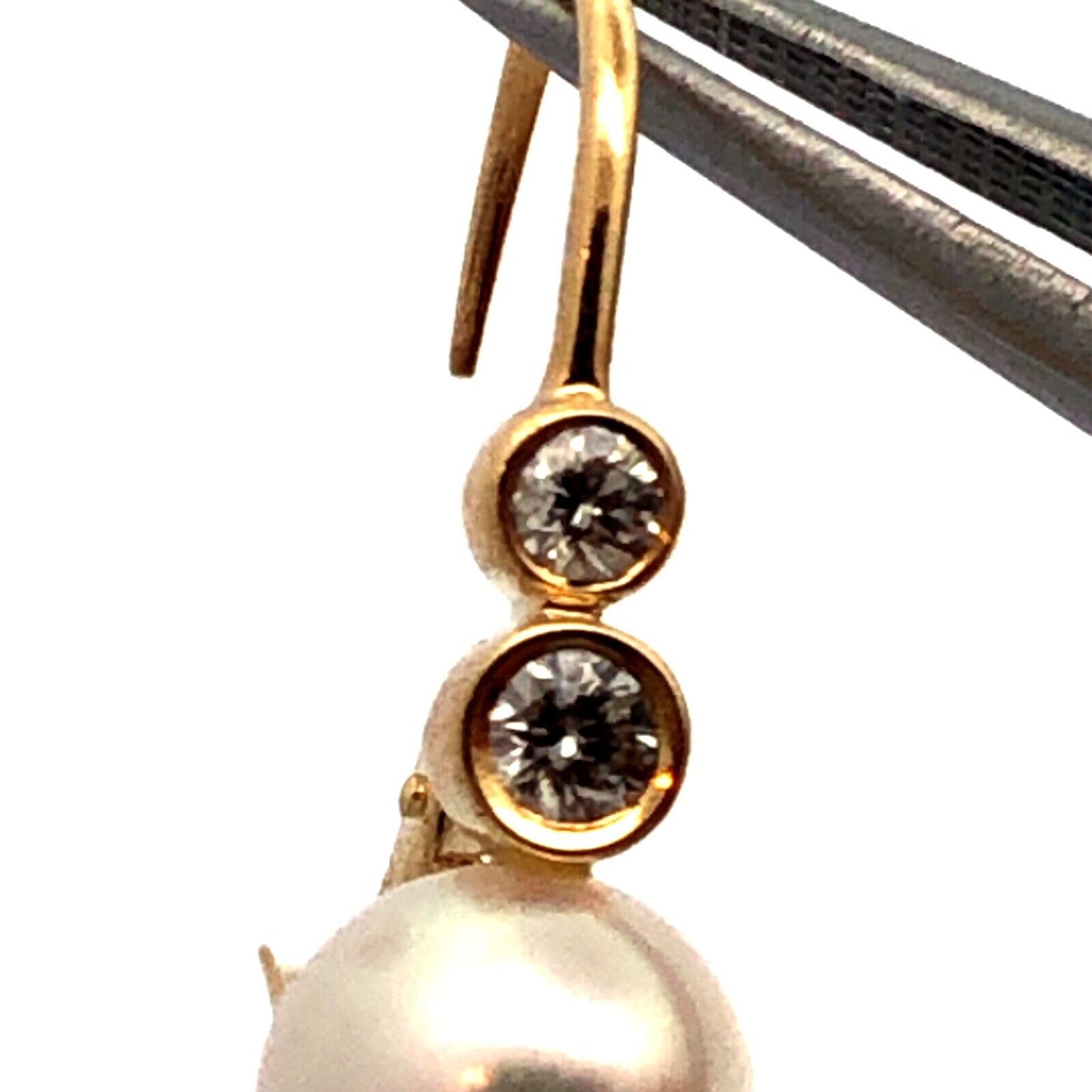 Designer 18K Yellow Gold Round White Pearl Diamond Leverback Hook Earrings