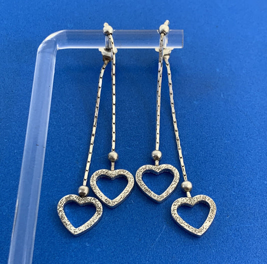 Vintage Italy 925 Sterling Silver Double Heart Drop Dangle Chain Stud Earrings
