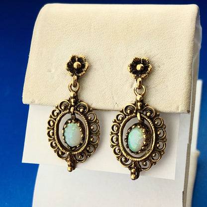 Art Deco 14K Yellow Gold Opal Bead Scroll Floral Open Work Drop Dangle Earrings