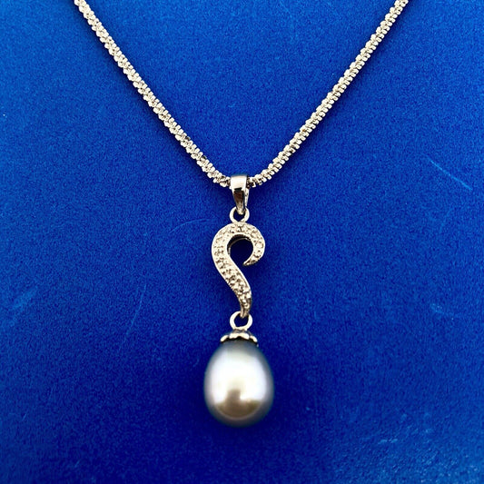 Retro 14K White Gold Gray Pearl Diamond Wedding Anniversary Sweetheart Necklace