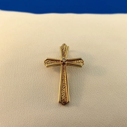 Classic 14K Yellow Gold Diamond Textured Polished Cross Easter Communion Pendant